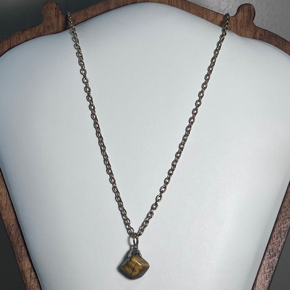 Vtg Tigers Eye Square Stone Pendant Necklace 24 Inch Gold Tone Chain Boho